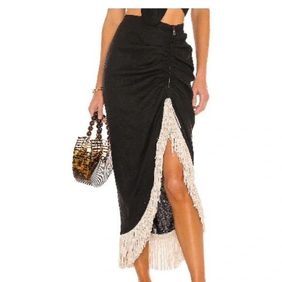 JBQ Just Be Queen Mallorca Linen Fringe Trim Skirt in Black Size Large - Picture 2 of 11
